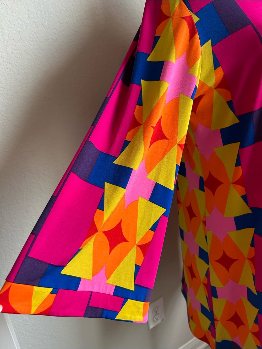 Marlow Vibrant Geometric Dress, Hot Pink, Yellow, Blue & Orange. Flair sleeves - Picture 3 of 6